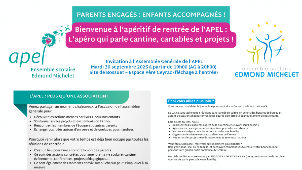 Apéro de rentrée et AG de l’Apel Edmond Michelet